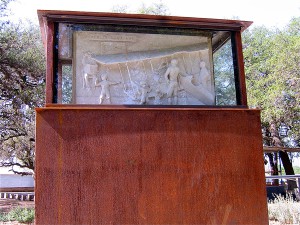 Lindbergh Memorial – north view (Lindbergh-Park, 78833 Camp Wood, TX) 165x100cm, steel and glass with cast concrete bas-reliefs